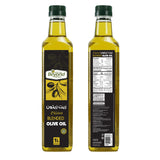 Two bottles of blended olive oil with labels on a white background