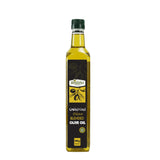 Bottle of blended olive oil with a black label on a white background