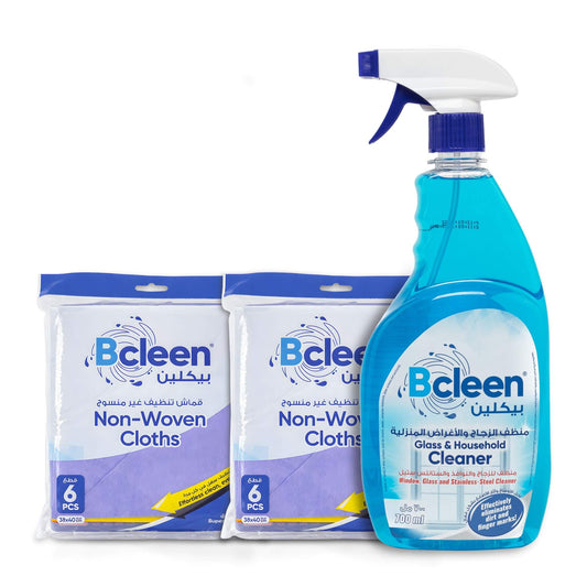 Bcleen 2 packets of Non-Woven Blue Cleaning Cloths and get a free Glass cleaner