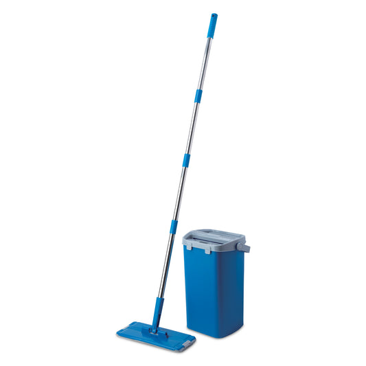 Bcleen Blue Scraping Flat Mop 31.5x12cm with 4 section stainless Steel Handle 118cm and Bucket 38x18x18cm (1 piece)