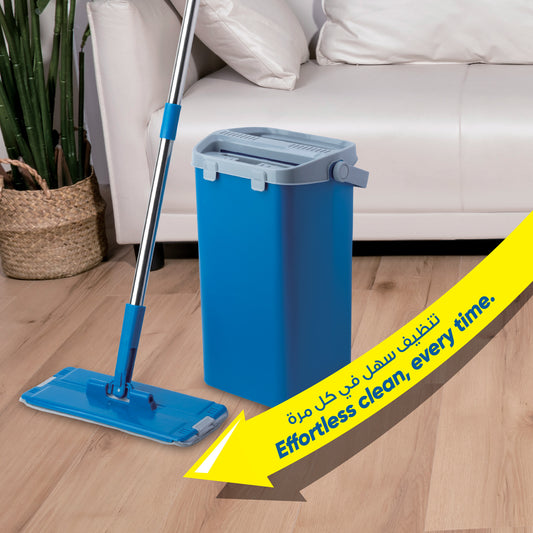 Bcleen Blue Scraping Flat Mop 31.5x12cm with 4 section stainless Steel Handle 118cm and Bucket 38x18x18cm (1 piece)