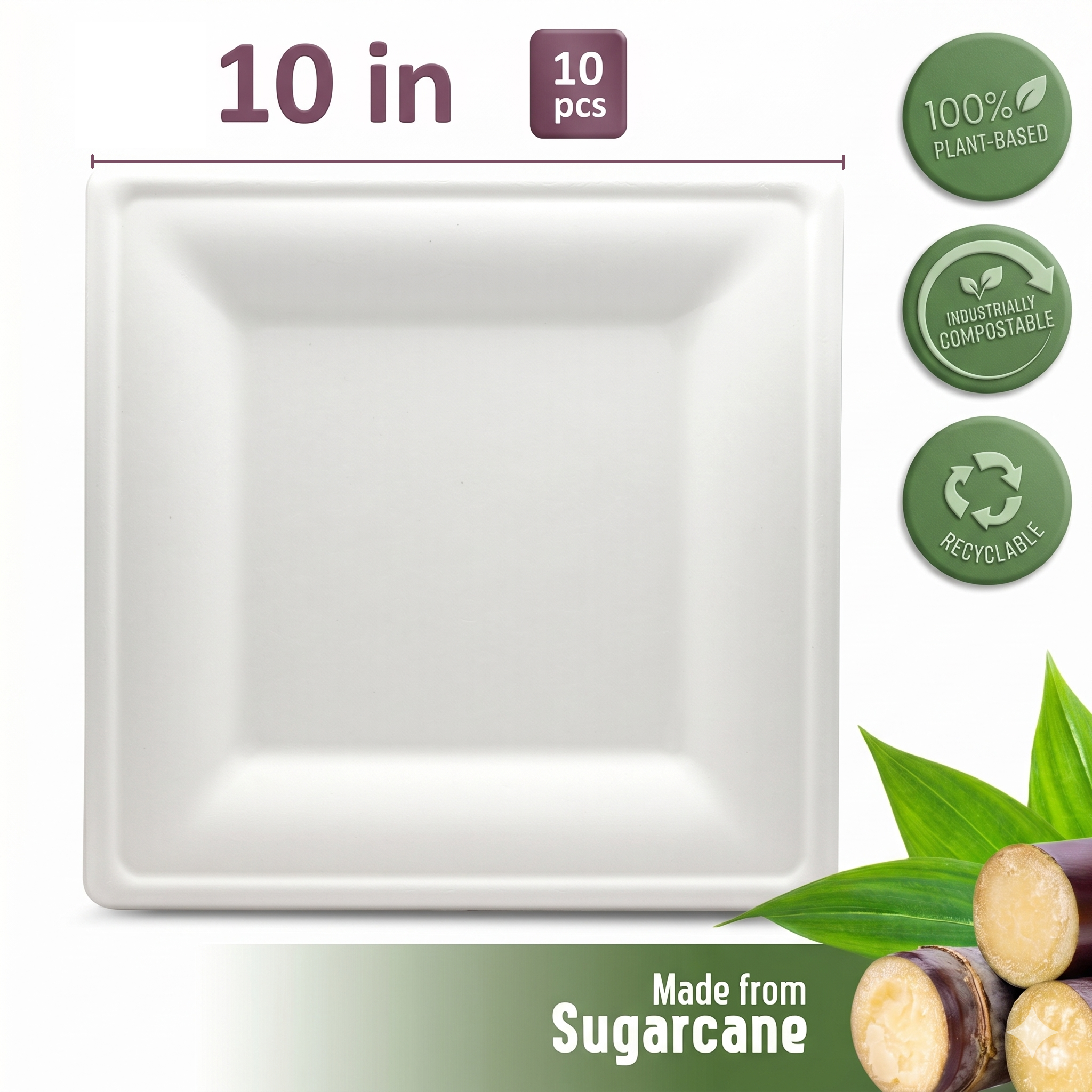 Fun Sukkar Pulp White Square Plates 10x10in [10pcs x 1pkt]