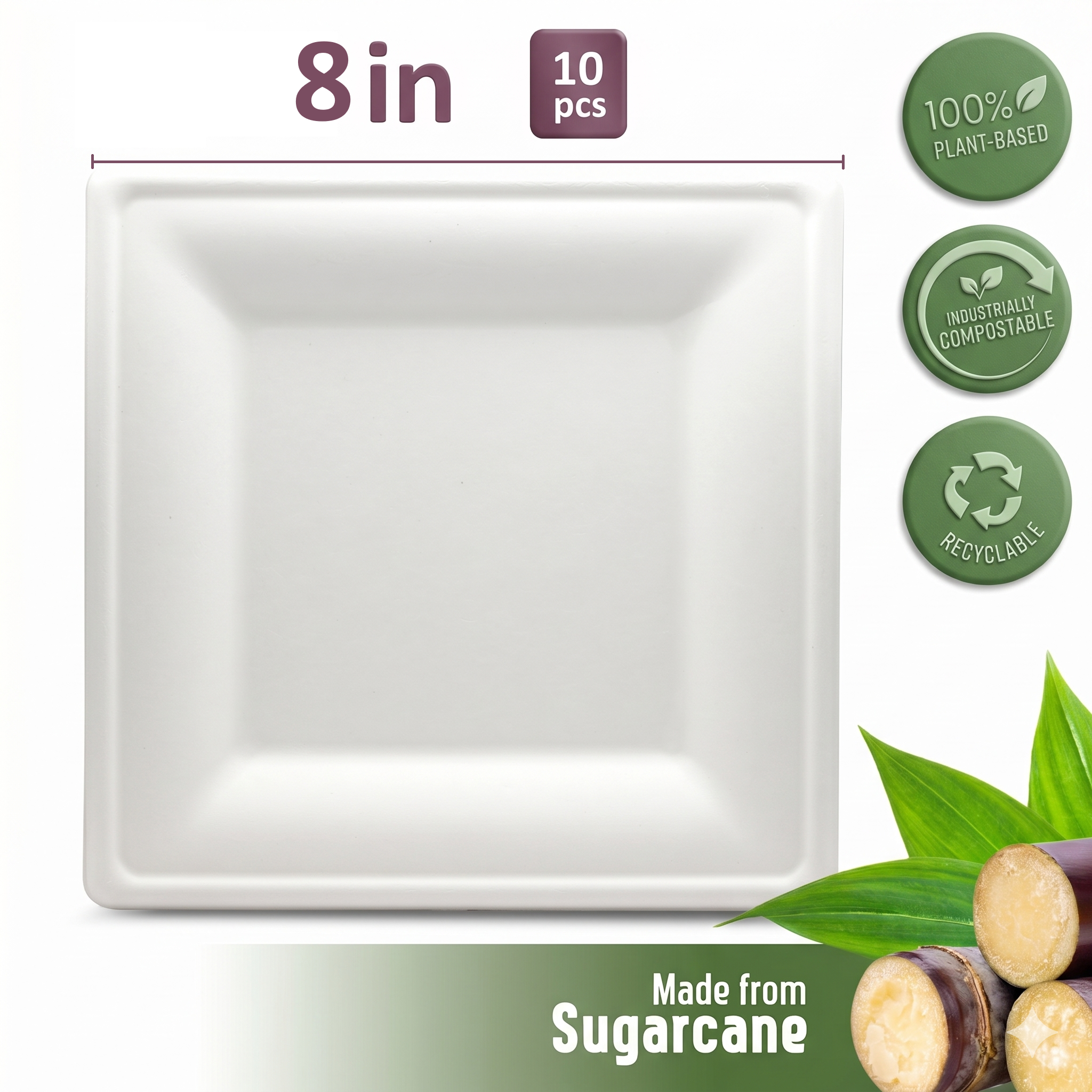 Fun Sukkar Pulp White Square Plates 8x8in [10pcs x 1pkt]