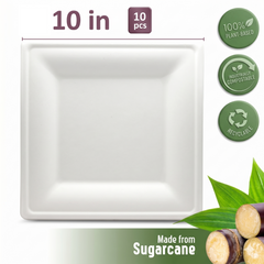 Fun Sukkar Pulp White Square Plates 10x10in [10pcs x 1pkt]
