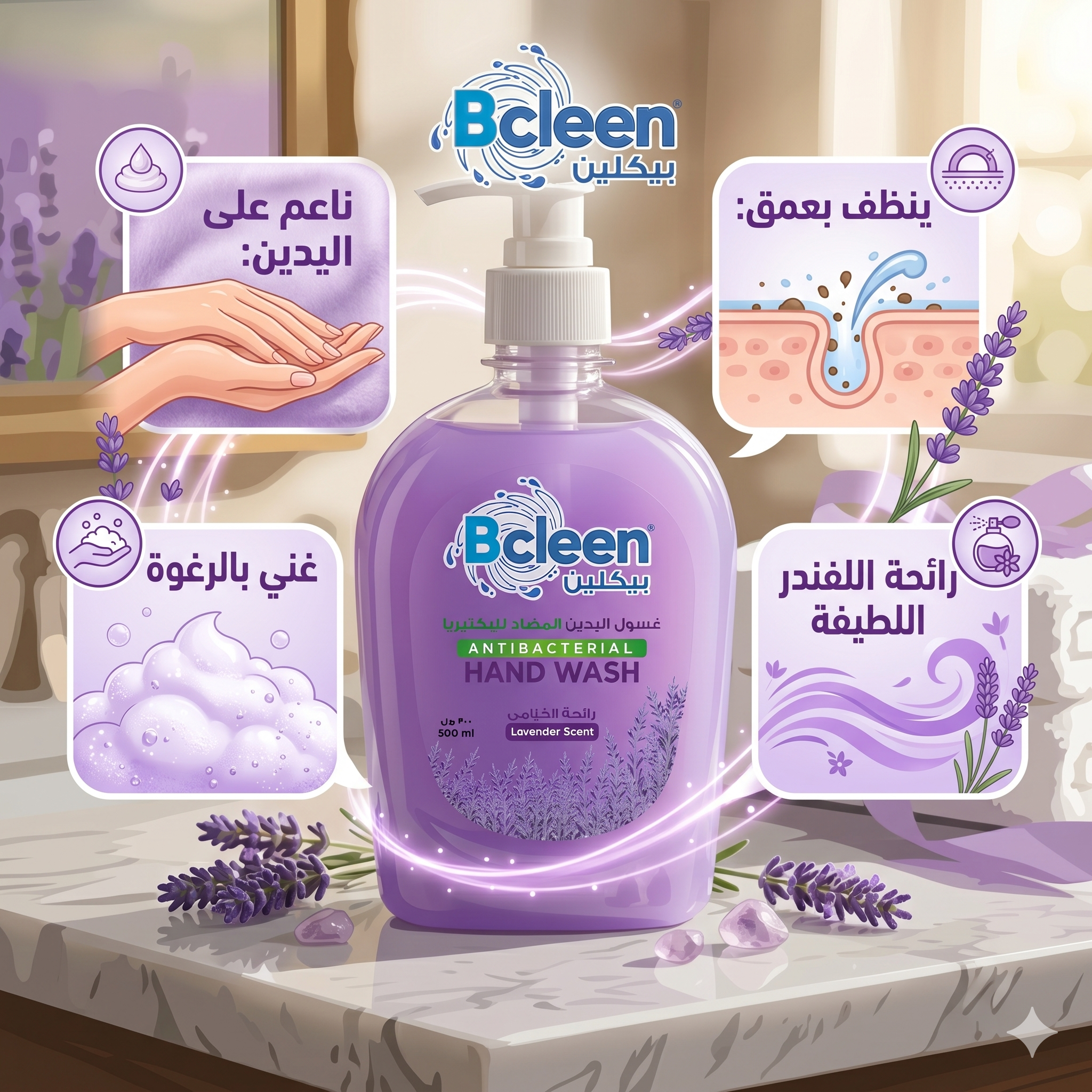 Bcleen Antibacterial Hand Wash with Moisturizer Lavender Scent 500ml [1pc]