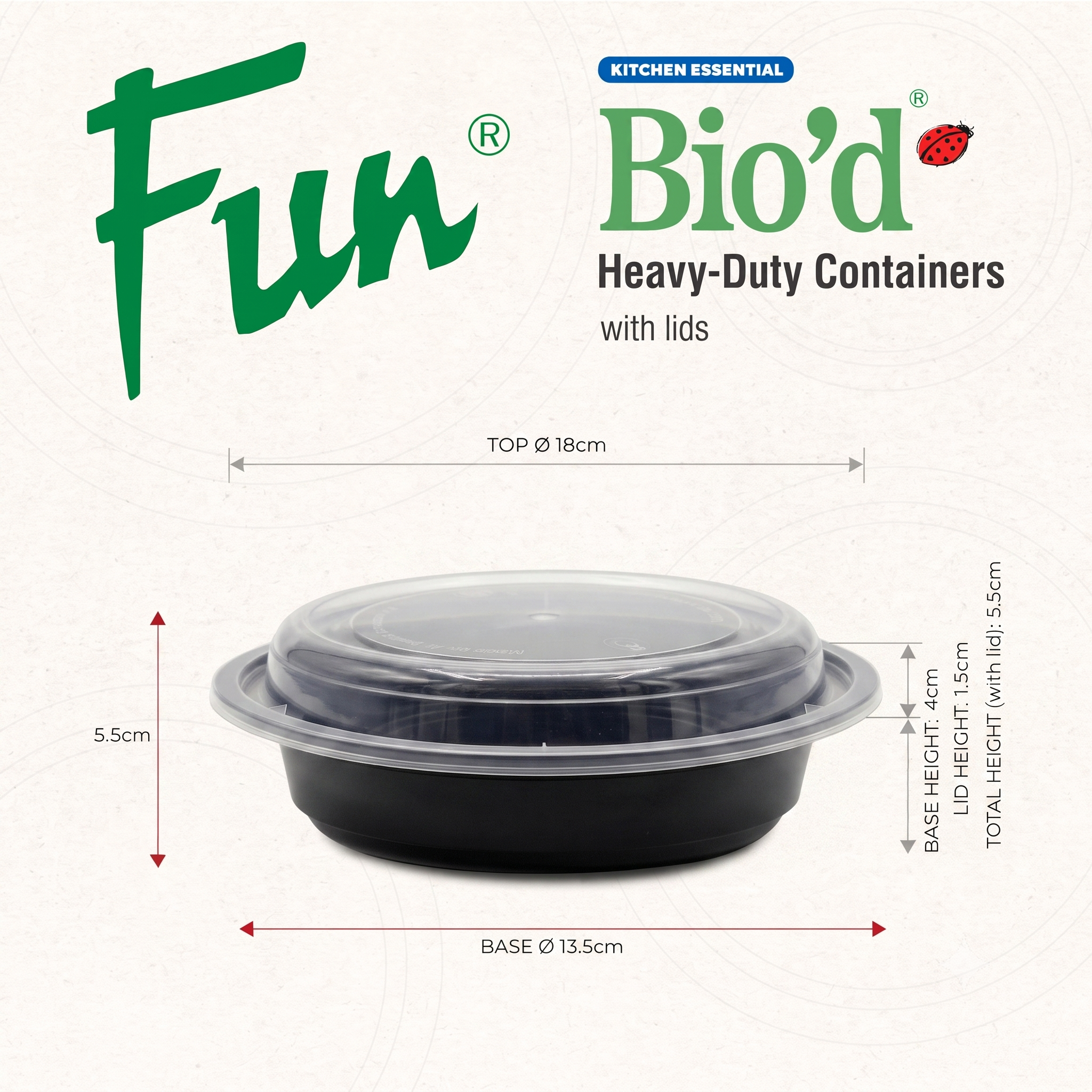 Fun Bio'd Black Round Containers 24oz with Clear Lids [4pcs x 1pkt]