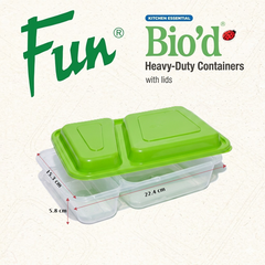 Fun Bio'd Clear Rectangle 2-Compartment Containers 32oz with Green Lids [4pcs x 1pkt]