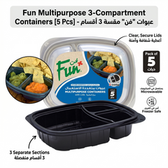 Fun Plastic Microwavable 3-Compartments Rectangular Black Containers with Clear Lids [5pcs x 1pkt]