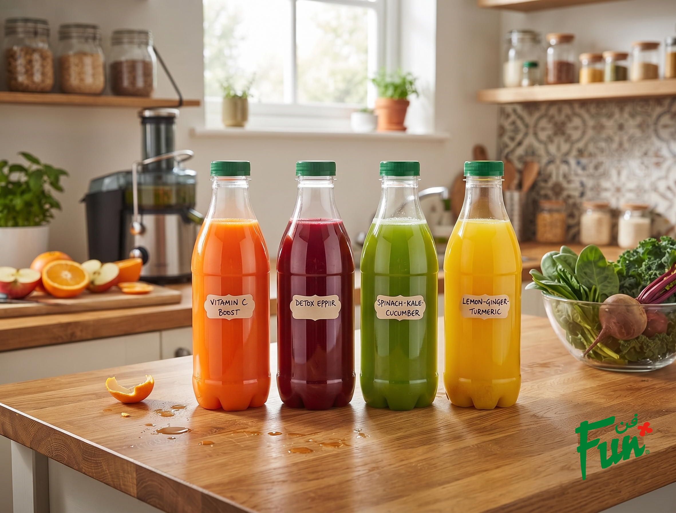 Fun Multipurpose Round Bottles 1000ml with Lids [4pcs x 1pkt]