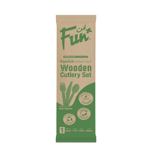 Fun® Wooden Cutlery Set Paper Wrap with Napkin [1set x 1pkt]