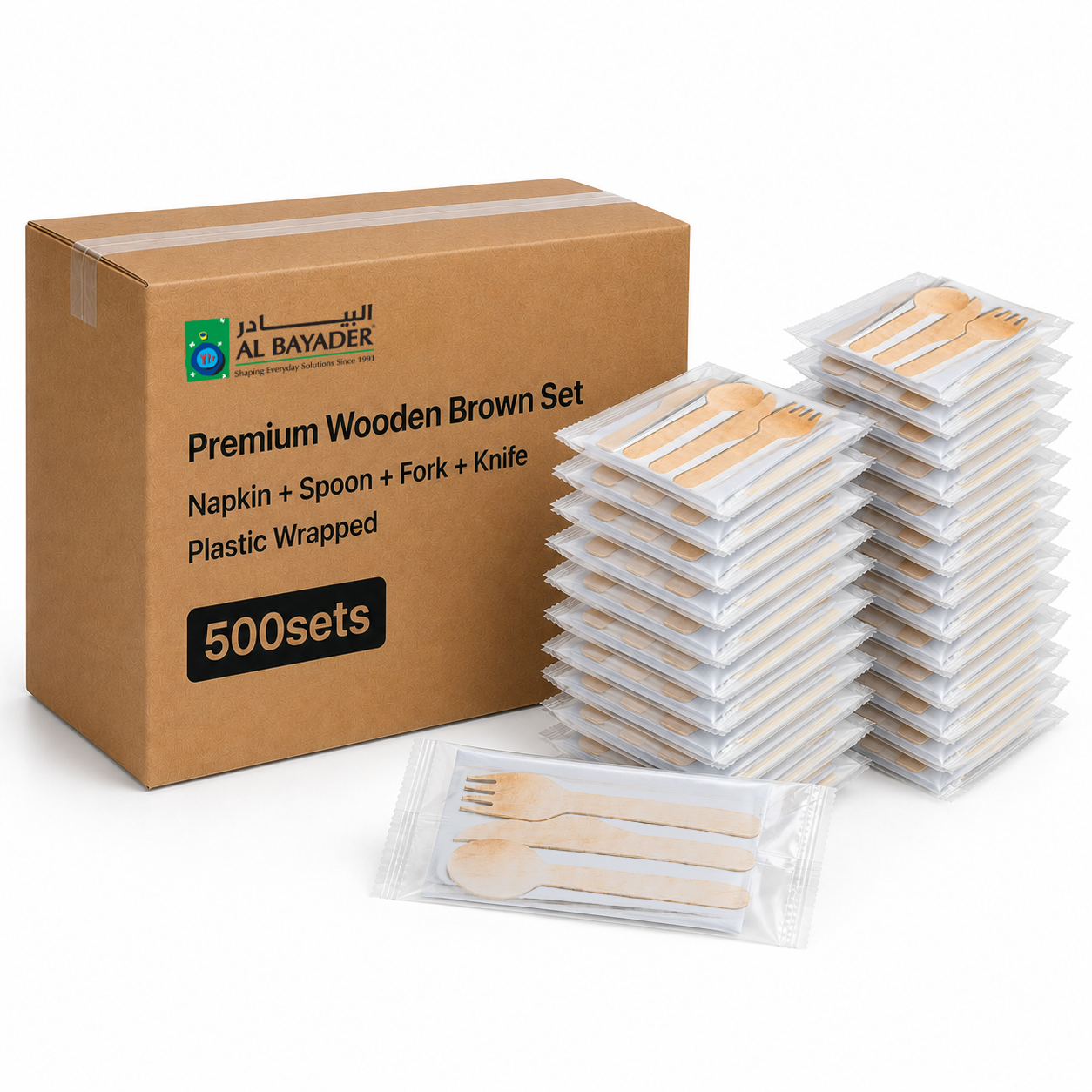 Al Bayader Premium Wooden Brown Set (Napkin+Spoon+Fork+Knife) Plastic Wrapped [500sets]