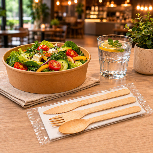 Al Bayader Premium Wooden Brown Set (Napkin+Spoon+Fork+Knife) Plastic Wrapped [500sets]