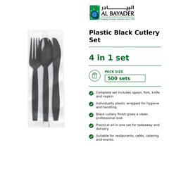 Al Bayader Plastic Black Set (Spoon+Fork+Knife+Napkin) Plastic Wrapped [500sets]