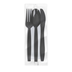 Al Bayader Plastic Black Set (Spoon+Fork+Knife+Napkin) Plastic Wrapped [500sets]