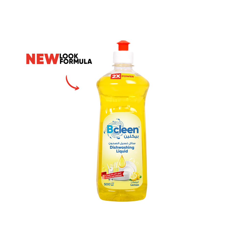 A bottle of Bcleen Dishwashing Liquid with Lemon Scent, 500ml, with a label that indicates it is a new look formula.