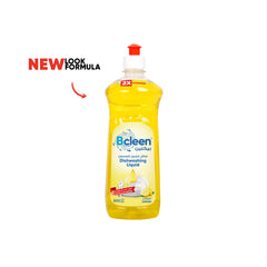 A bottle of Bcleen Dishwashing Liquid with Lemon Scent, 500ml, with a label that indicates it is a new look formula.
