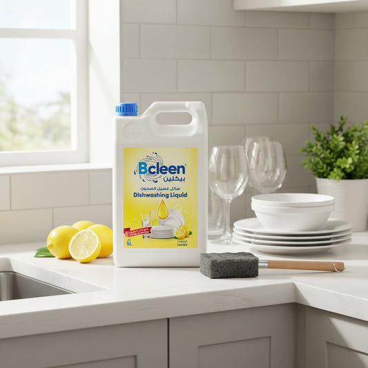Bclean dishwashing liquid container on a kitchen counter with lemons and glasses.