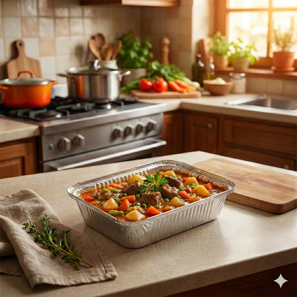 Aluminum tray with a meal on a kitchen counter, with an oven and ingredients in the background.