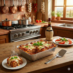 Home kitchen with a pan of lasagna, plates of food, and a bottle of wine.