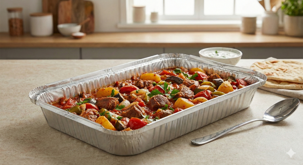 Aluminum tray of food on a kitchen counter with a spoon and flatbread.