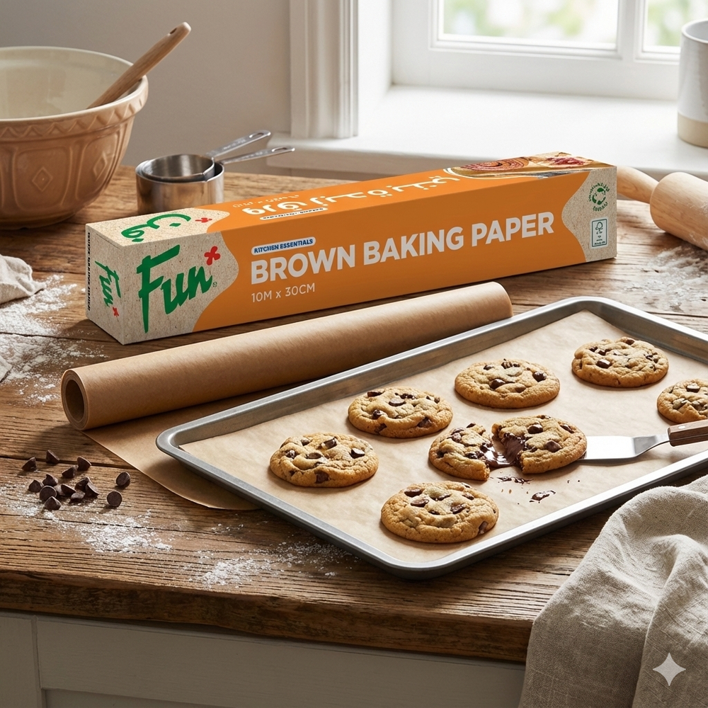 Baking scene with Fun brown baking paper, cookies on a tray, and kitchen utensils.