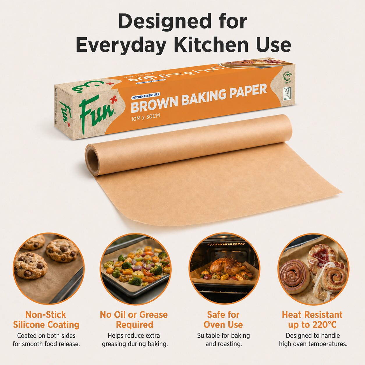 Fun Brown Silicone-Coated Baking Paper Roll 10m x 30cm [1rl x 1pkt]