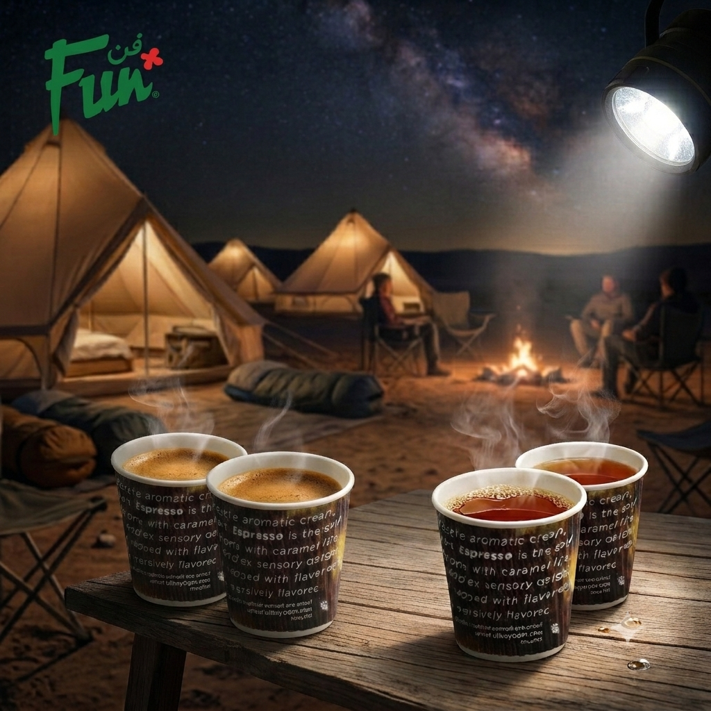 Camping scene with tents, people around a fire, and steaming cups of coffee on a table.