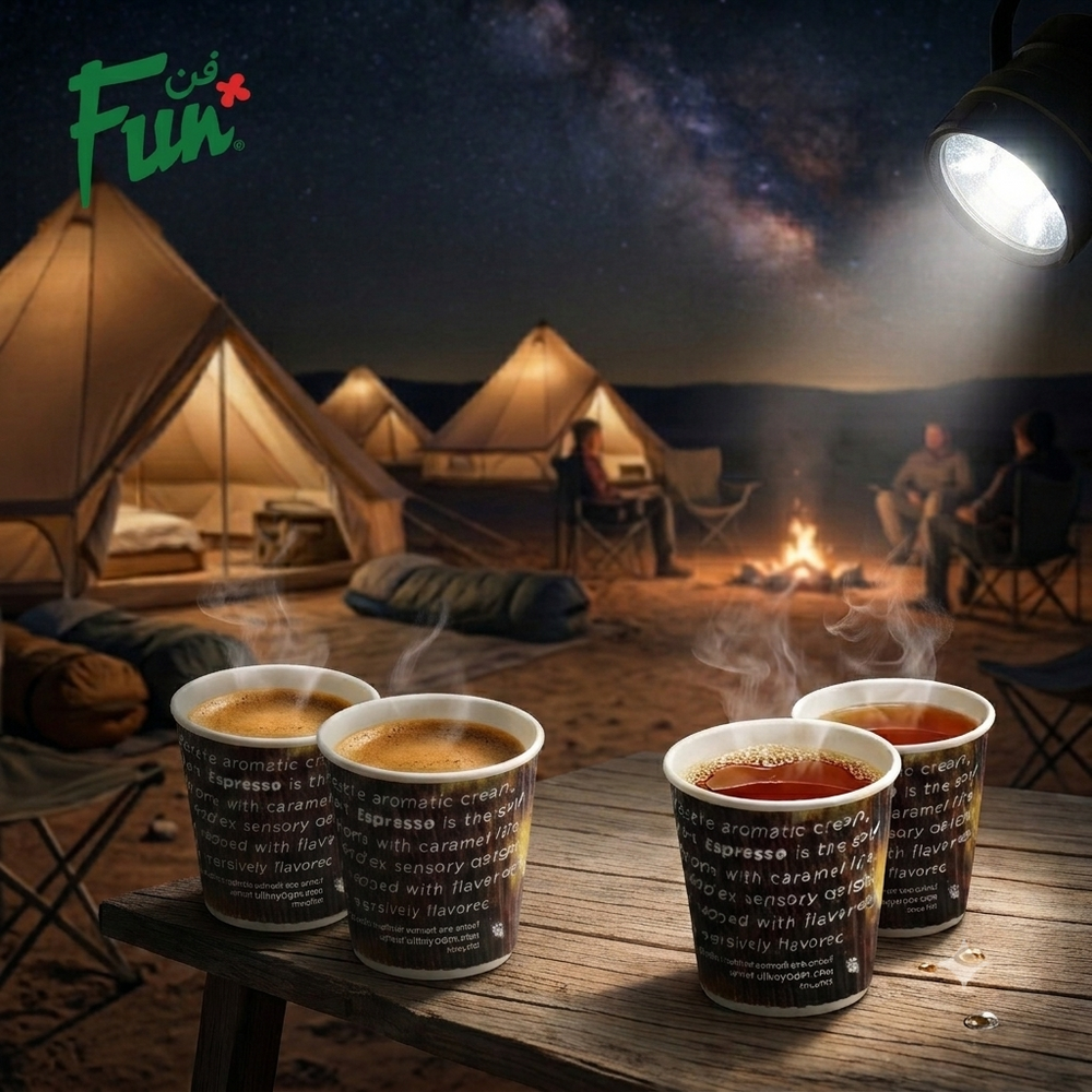 Camping scene with tents, people around a fire, and steaming cups of coffee on a table.
