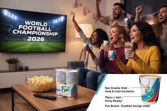 Fun Double Wall Paper Cups 8oz White - Football Design [10pcs x 1pkt]