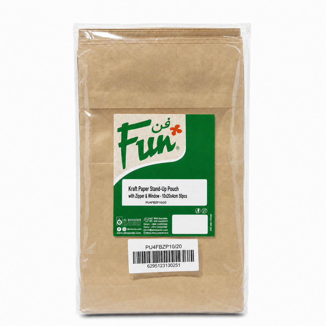 Fun Kraft Paper Stand-Up Pouch with Zipper and Window 10 × 20 + 4cm [50pcs x 1bag]