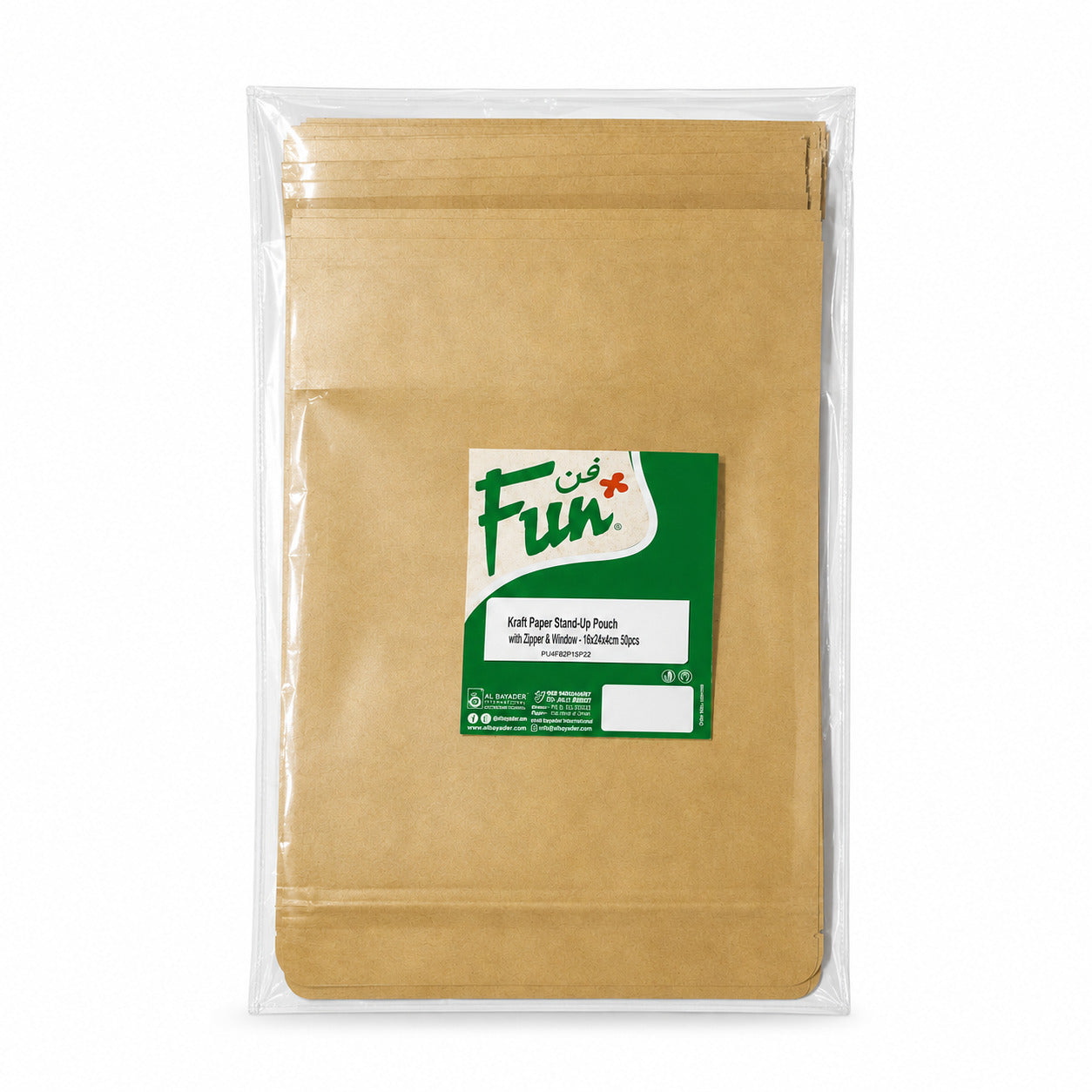 Fun Kraft Paper Stand-Up Pouch with Zipper and Window 15 × 22 + 4cm [50pcs × 1bag]
