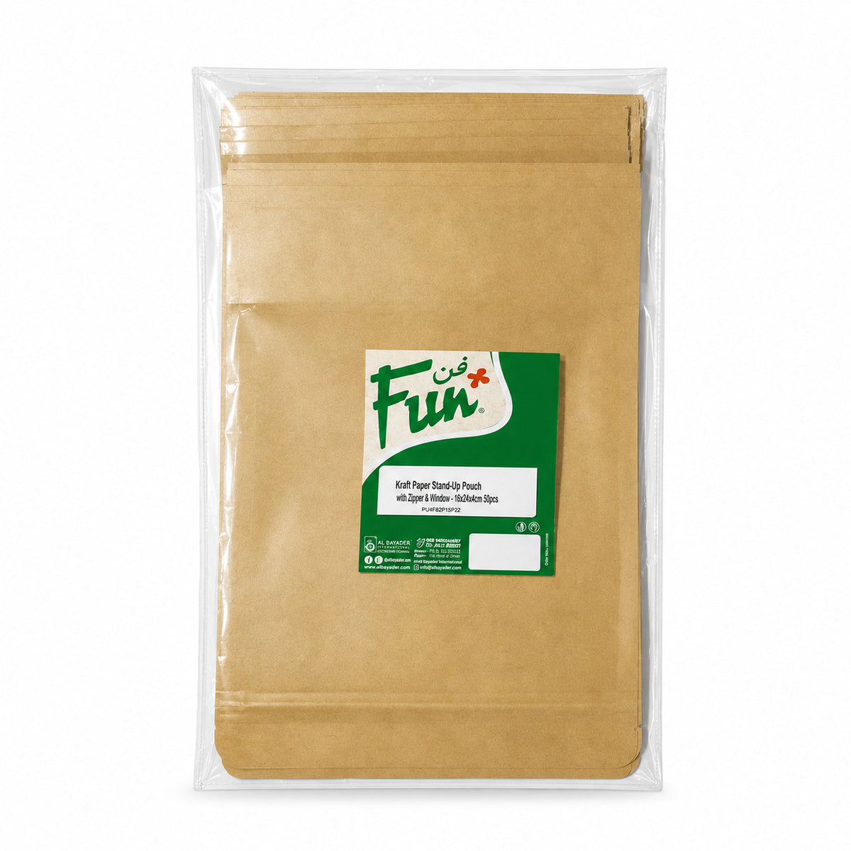 Fun Kraft Paper Stand-Up Pouch with Zipper and Window 15 × 22 + 4cm [50pcs × 1bag]