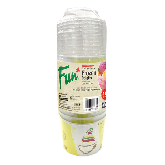 Fun® Ice Cream Yellow Cups with Lids 16oz [12pcs x 1pkt]