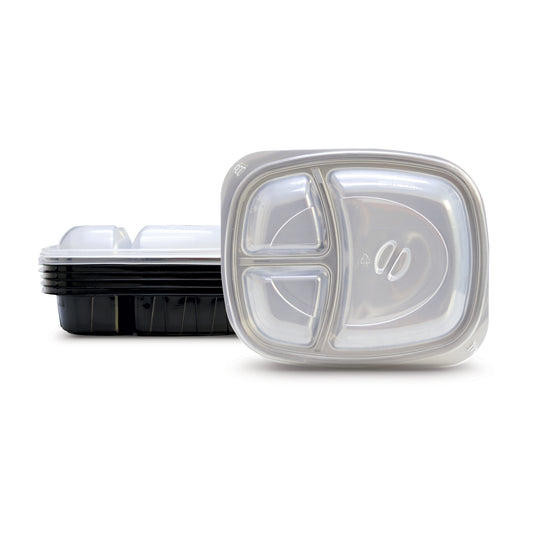 Fun® Plastic Microwavable 3-Compartment Rectangular Black Containers with Clear Lids [5pcs x 1pkt]
