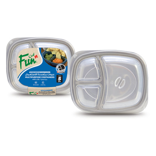 Fun® Plastic Microwavable 3-Compartment Rectangular Black Containers with Clear Lids [5pcs x 1pkt]