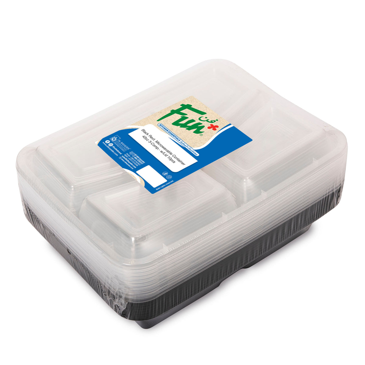 Fun Black Rect. Microwavable Container 42oz 3-Comp. with Lids [10pcs x 1pkt]