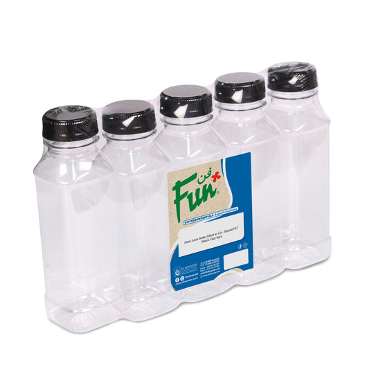 Fun® Square Clear Juice Bottle 330ml with Black Lids pack of 5