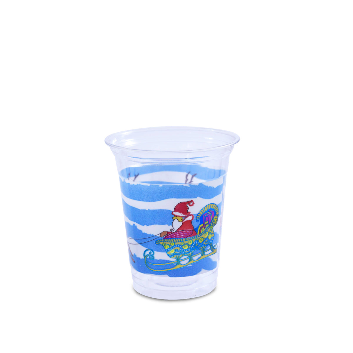 A clear plastic cup with blue Christmas-themed decoration, including Santa Claus and holiday motifs.