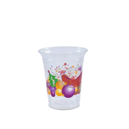 A clear plastic cup with Christmas themed decorations, such as candy canes and ornaments, printed on it.