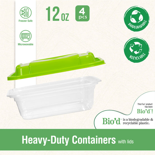 Fun® Bio’d Multipurpose Rectangular Clear Containers with Green Lids 12oz [4pcs x 1pkt]
