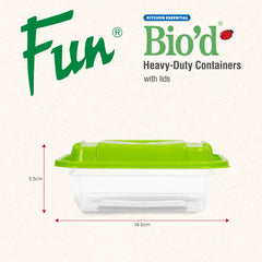 Fun Bio’d Multipurpose Rectangular Clear Containers with Green Lids 12oz [4pcs x 1pkt]