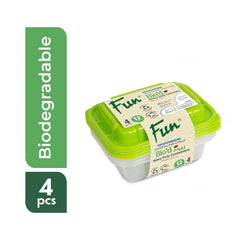 Fun Bio’d Multipurpose Rectangular Clear Containers with Green Lids 12oz [4pcs x 1pkt]