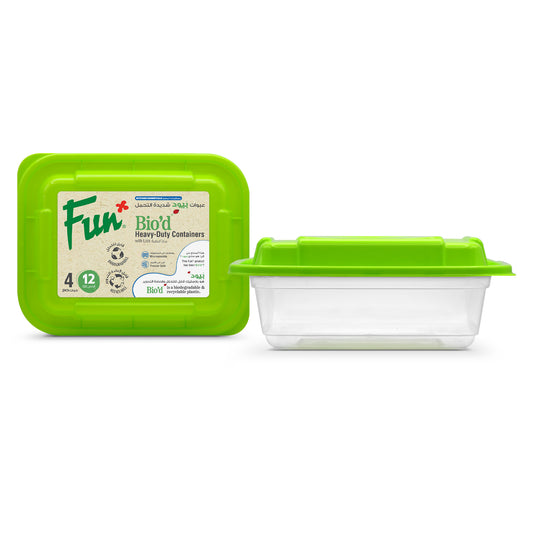 Fun® Bio’d Multipurpose Rectangular Clear Containers with Green Lids 12oz [4pcs x 1pkt]