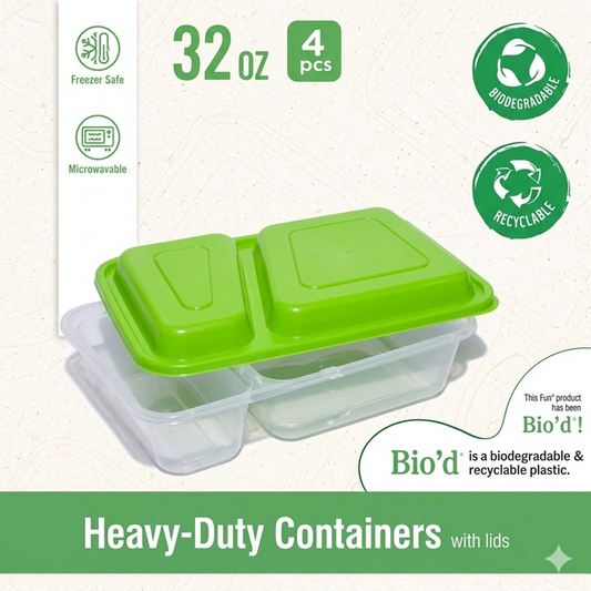 Fun Bio'd Clear Rectangle 2-Compartment Containers 32oz with Green Lids [4pcs x 1pkt]