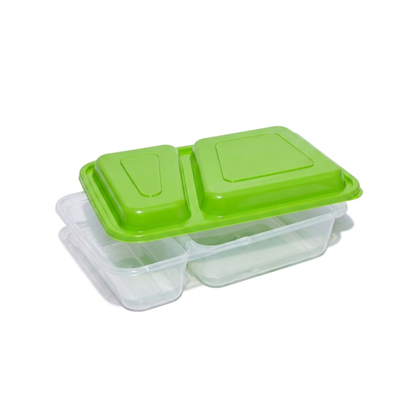 Fun Bio'd Clear Rectangle 2-Compartment Containers 32oz with Green Lids [4pcs x 1pkt]