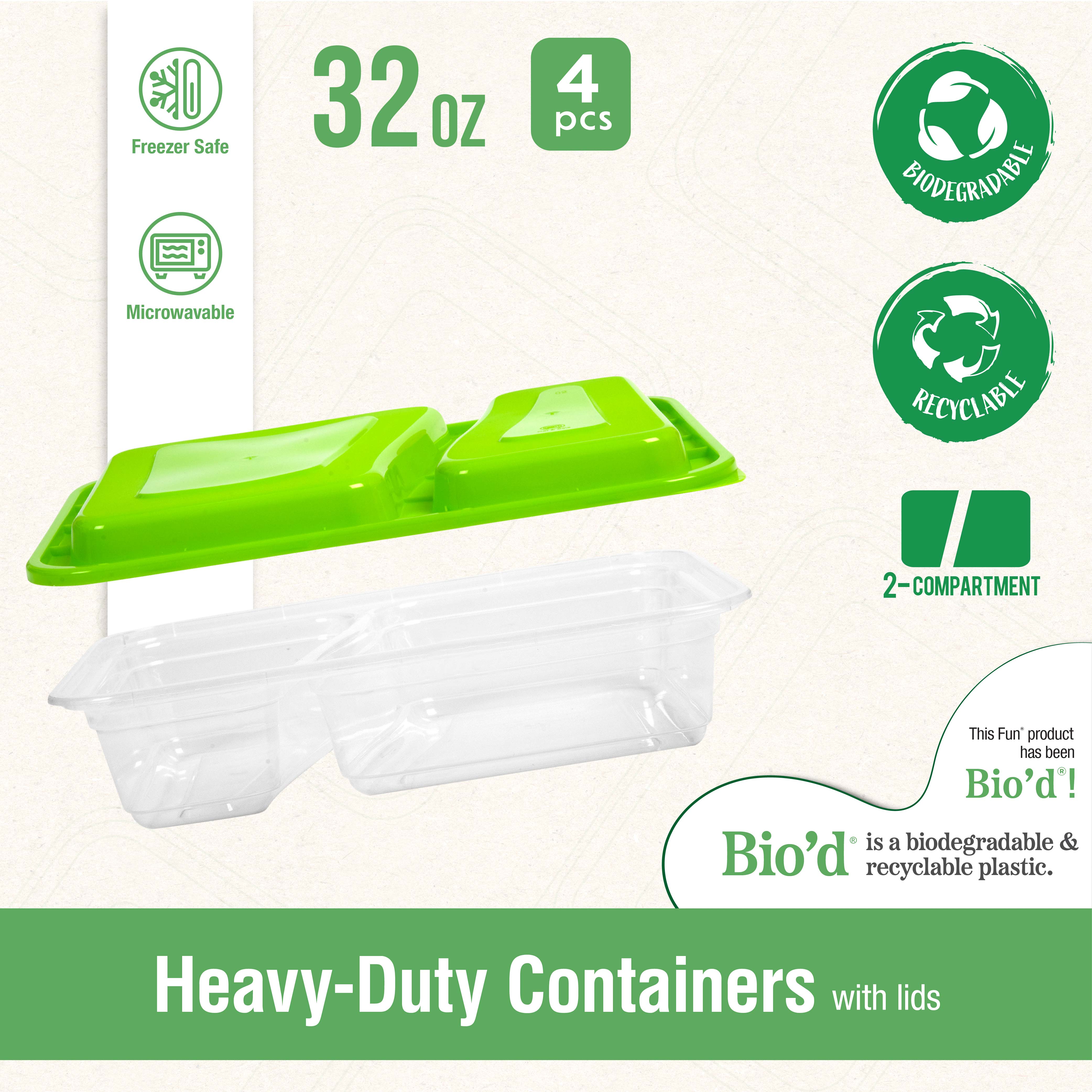 Fun Bio'd Clear Rectangle 2-Compartment Containers 32oz with Green Lids [4pcs x 1pkt]