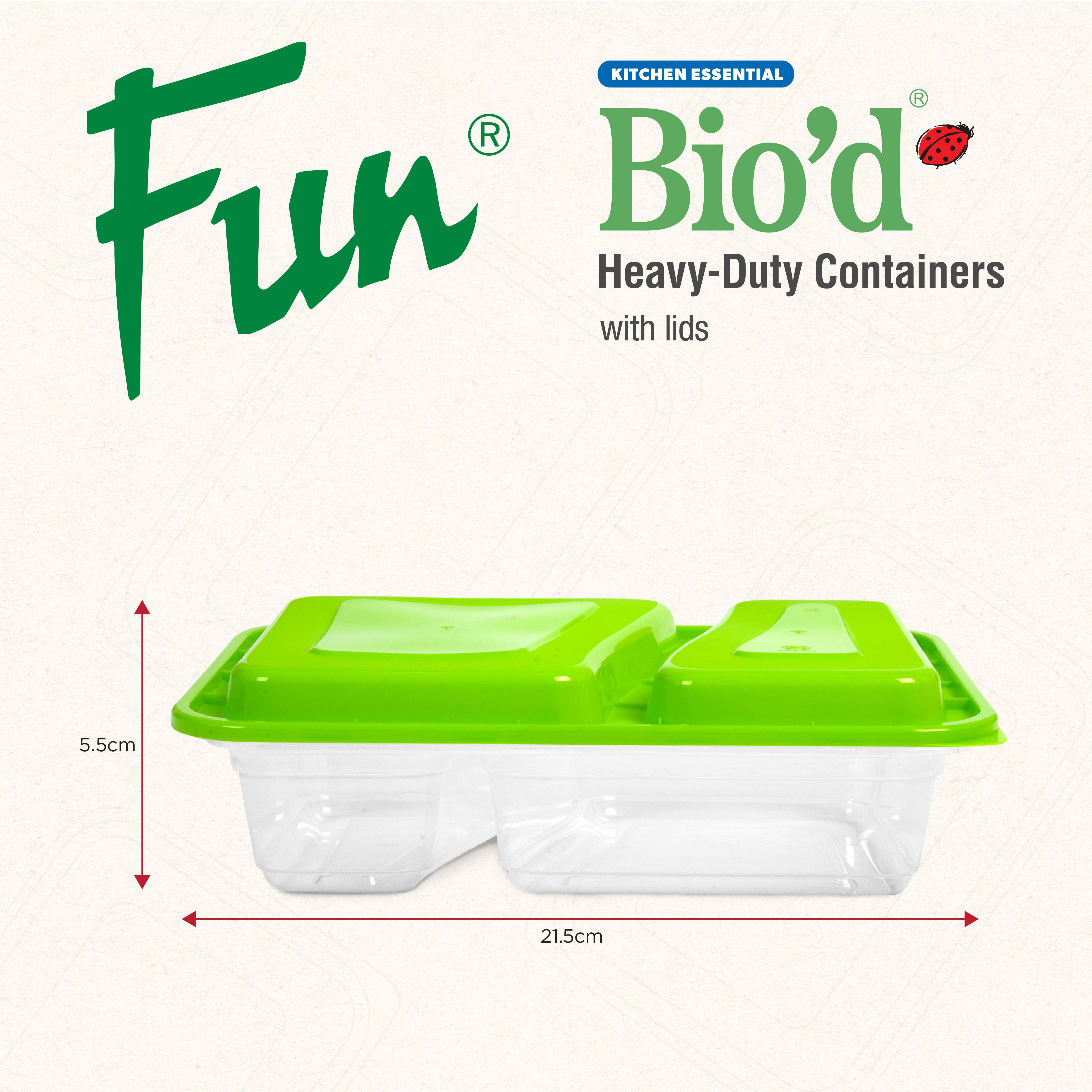 Fun Bio'd Clear Rectangle 2-Compartment Containers 32oz with Green Lids [4pcs x 1pkt]