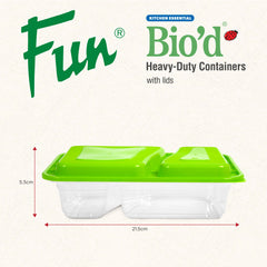 Fun Bio'd Clear Rectangle 2-Compartment Containers 32oz with Green Lids [4pcs x 1pkt]