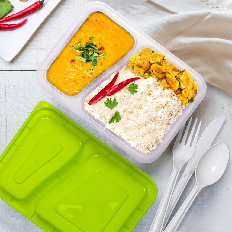 Fun Bio'd Clear Rectangle 2-Compartment Containers 32oz with Green Lids [4pcs x 1pkt]