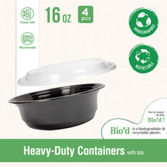 Fun Bio’d Multipurpose Round Black Containers with Clear Lids 16oz [4pcs x 1pkt]